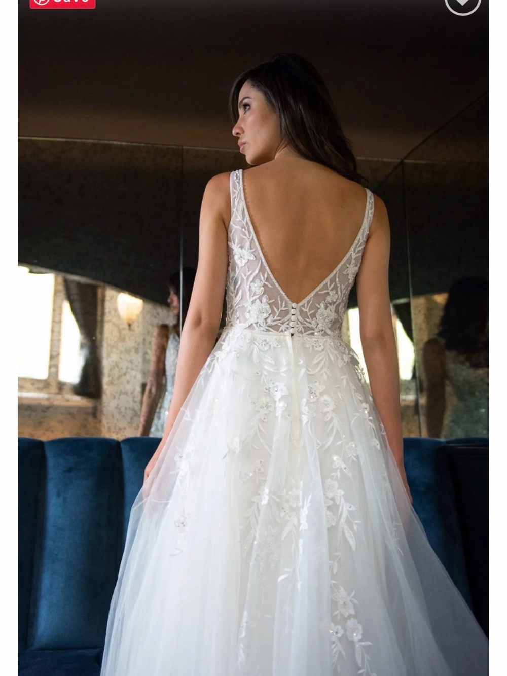 Michelle Roth White Floral Lace Tulle Gown with Deep V Back